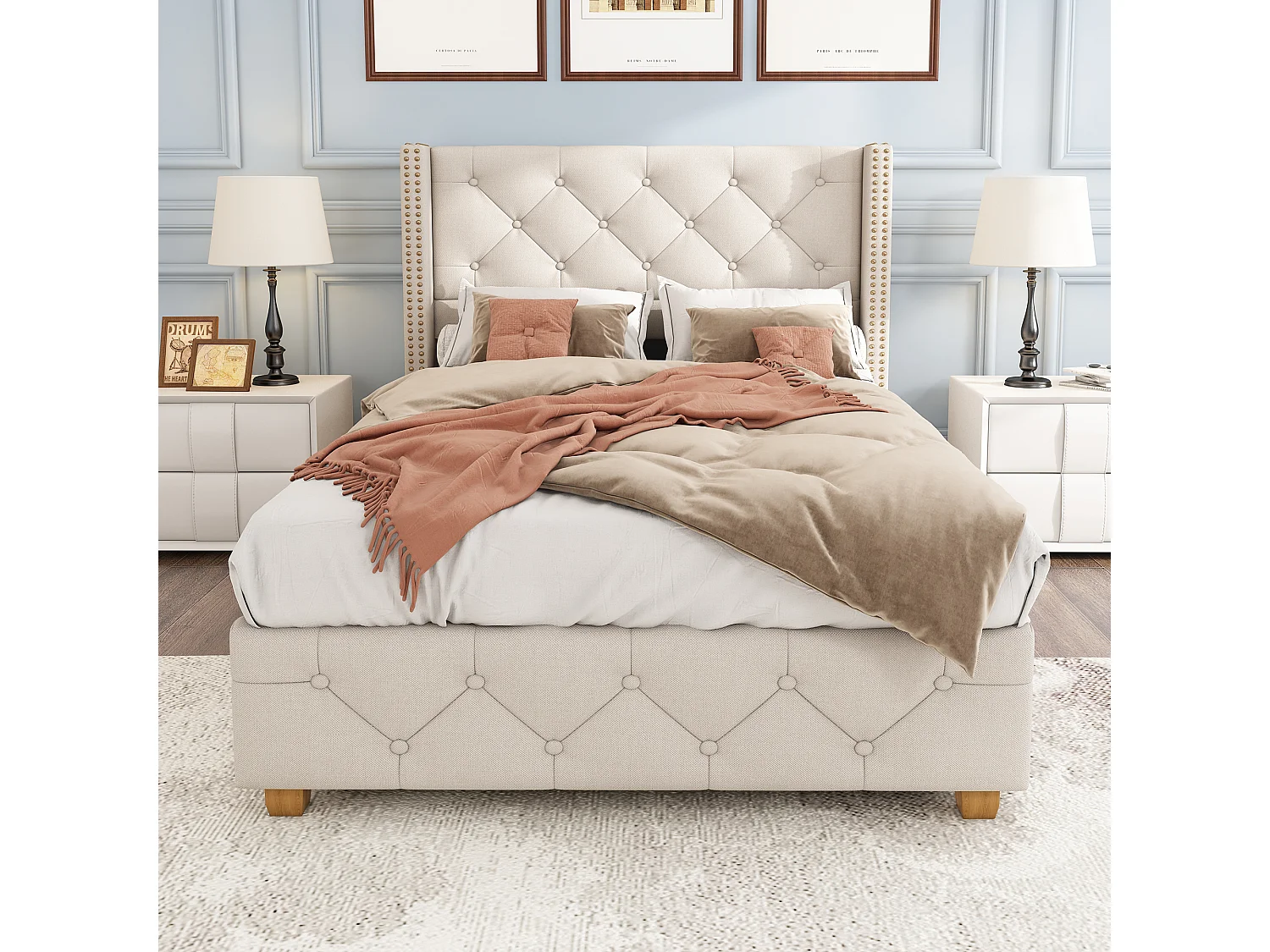 Lit rembourré 90×200 cm avec sommier à lattes et tête de lit, capitonnage, clous décoratifs, pieds en bois, lin, beige