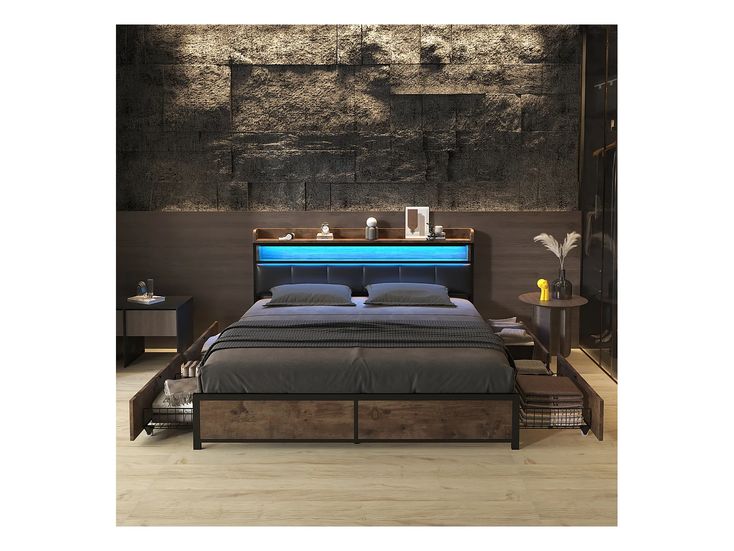 Lit rembourré 180×200 cm avec sommier à lattes, tête de lit LED, 4 tiroirs, noir