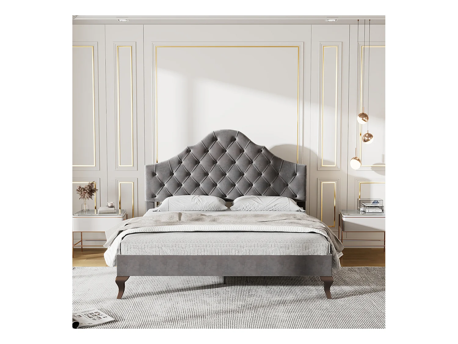 Lit rembourré 140×200 cm avec sommier à lattes et tête de lit réglable en hauteur, gris