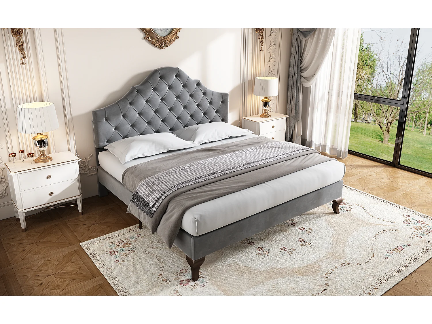 Lit rembourré 140×200 cm avec sommier à lattes et tête de lit réglable en hauteur, gris