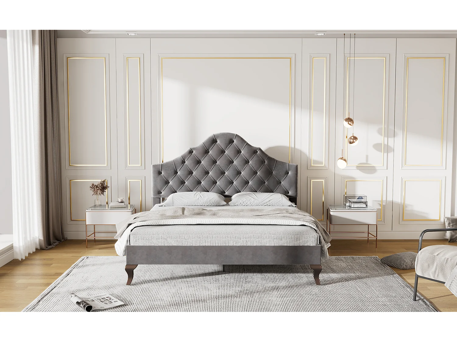 Lit rembourré 140×200 cm avec sommier à lattes et tête de lit réglable en hauteur, gris