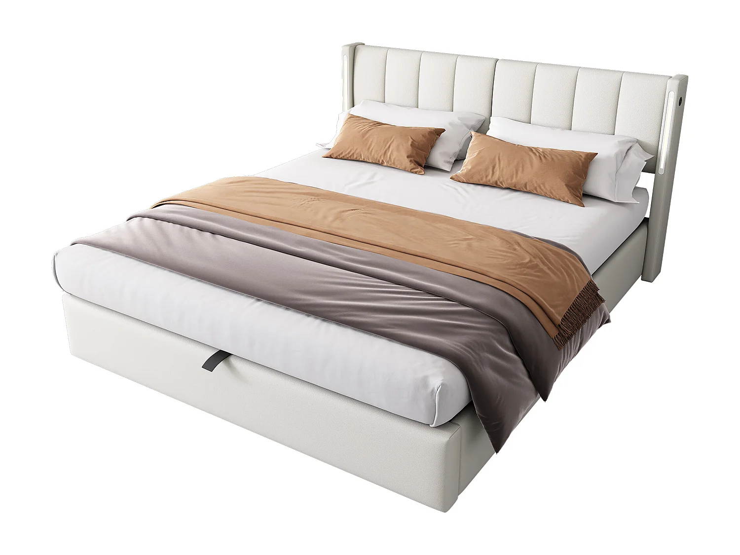 Lit rembourré LED 140 x 200 cm, avec USB rechargeable, éclairage LED et rangement, tête de lit réglable, blanc