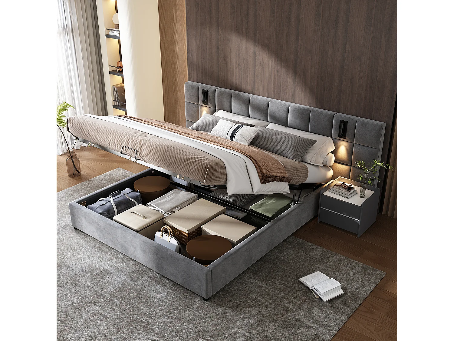 Lit rembourré avec espace de rangement hydraulique, tête de lit en velours gris, 180×200 cm, éclairage et USB