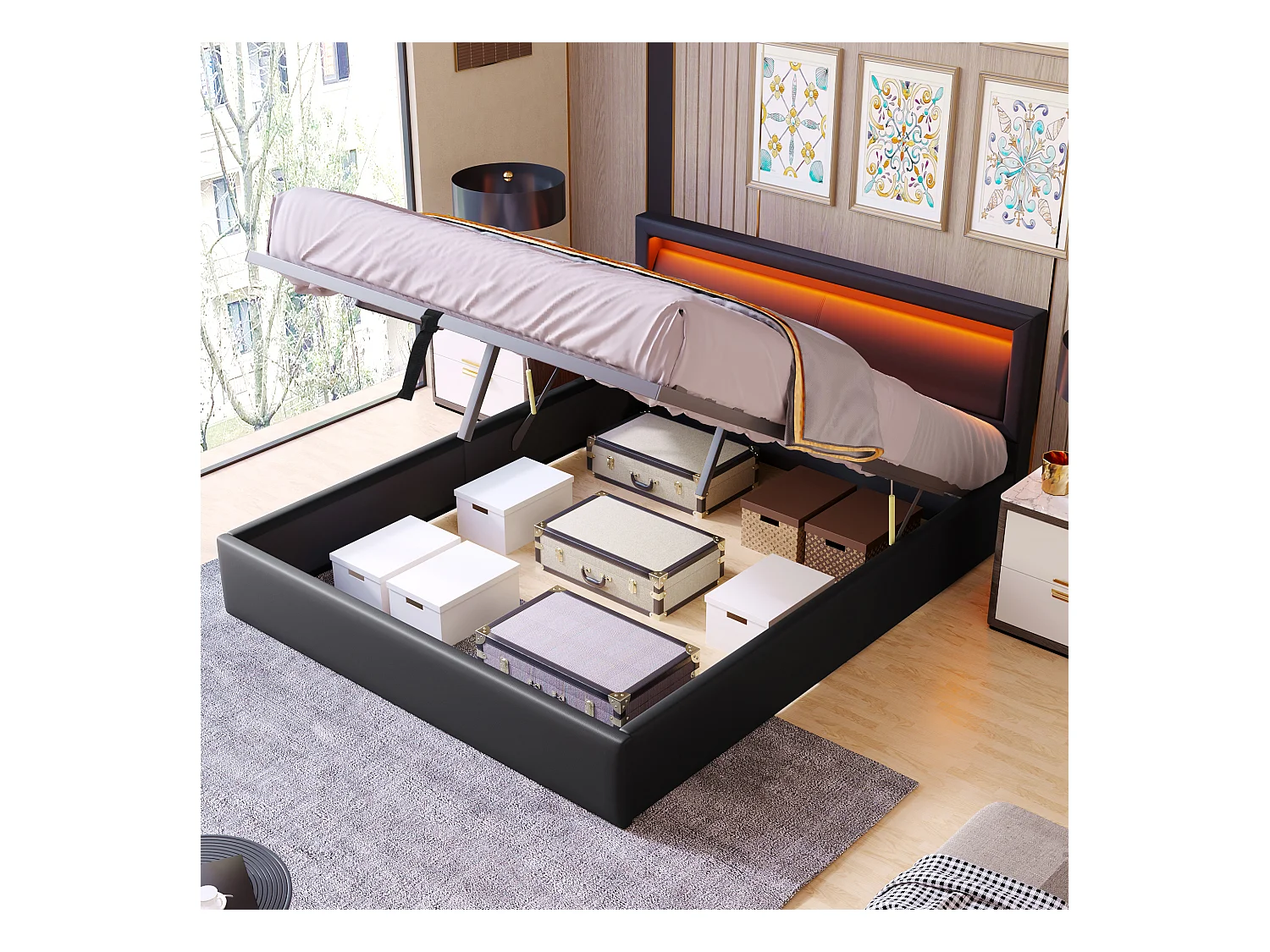 Lit rembourré 140×200 cm avec éclairage LED, sommier à lattes et espace de rangement, noir