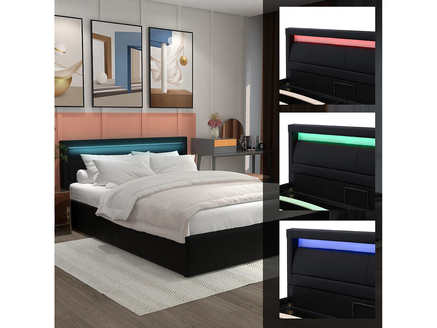 Lit rembourré 140×200 cm avec éclairage LED, sommier à lattes et espace de rangement, noir