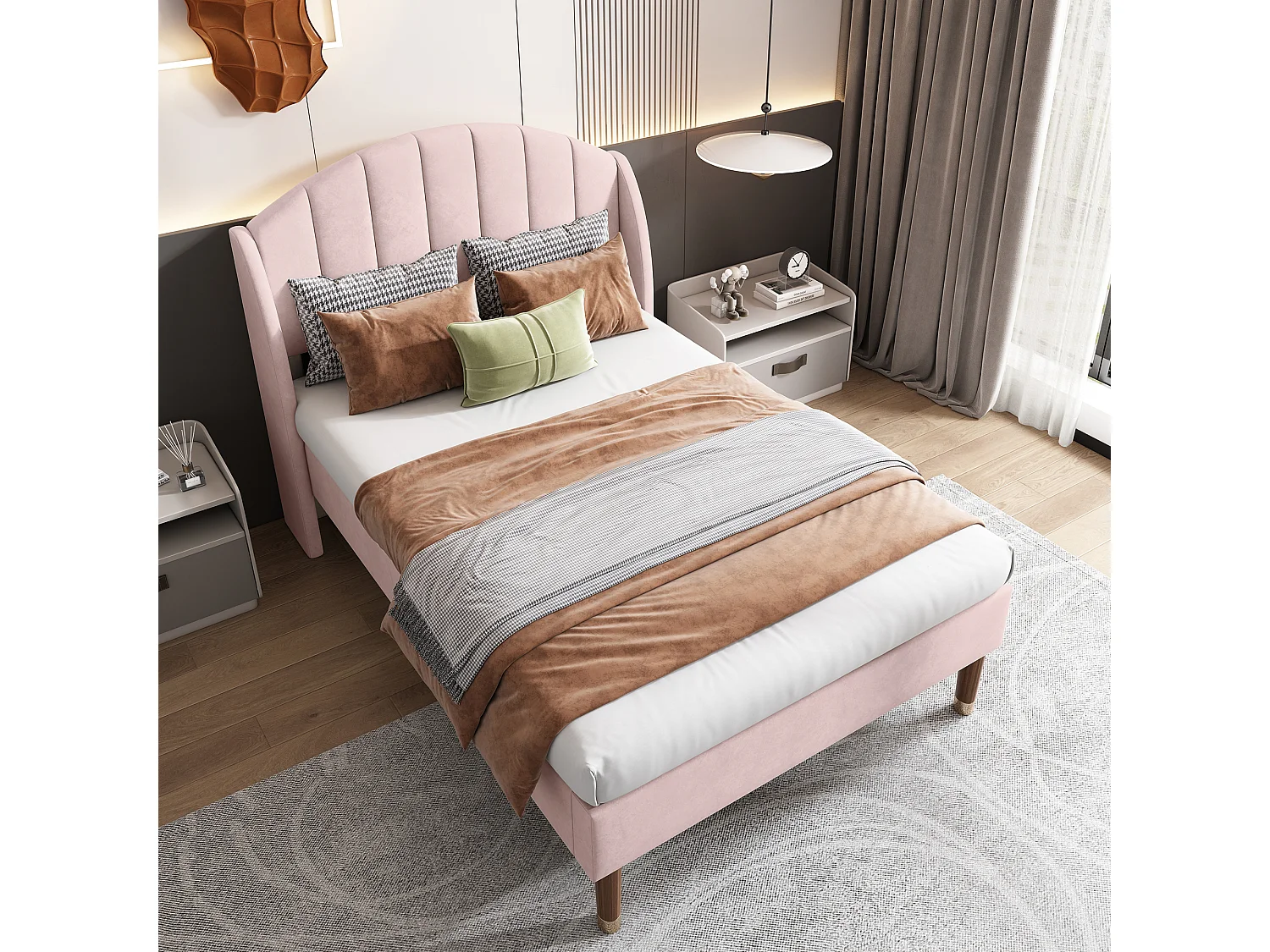 Lit rembourré 90×200 cm avec sommier à lattes et tête de lit, lit pour adolescent, en velours rose