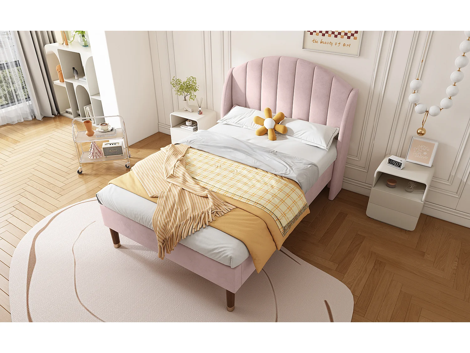 Lit rembourré 90×200 cm avec sommier à lattes et tête de lit, lit pour adolescent, en velours rose