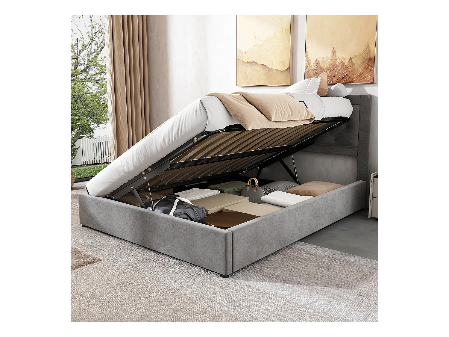 Lit rembourré 140×200 cm en velours gris avec rangement, tête de lit en mousse, design Chesterfield