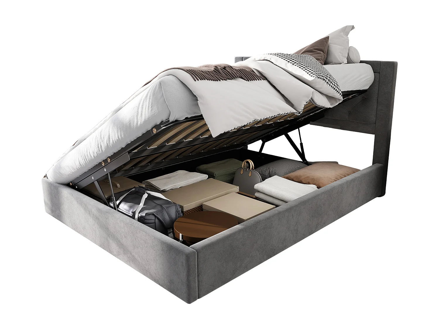 Lit rembourré 140×200 cm en velours gris avec rangement, tête de lit en mousse, design Chesterfield