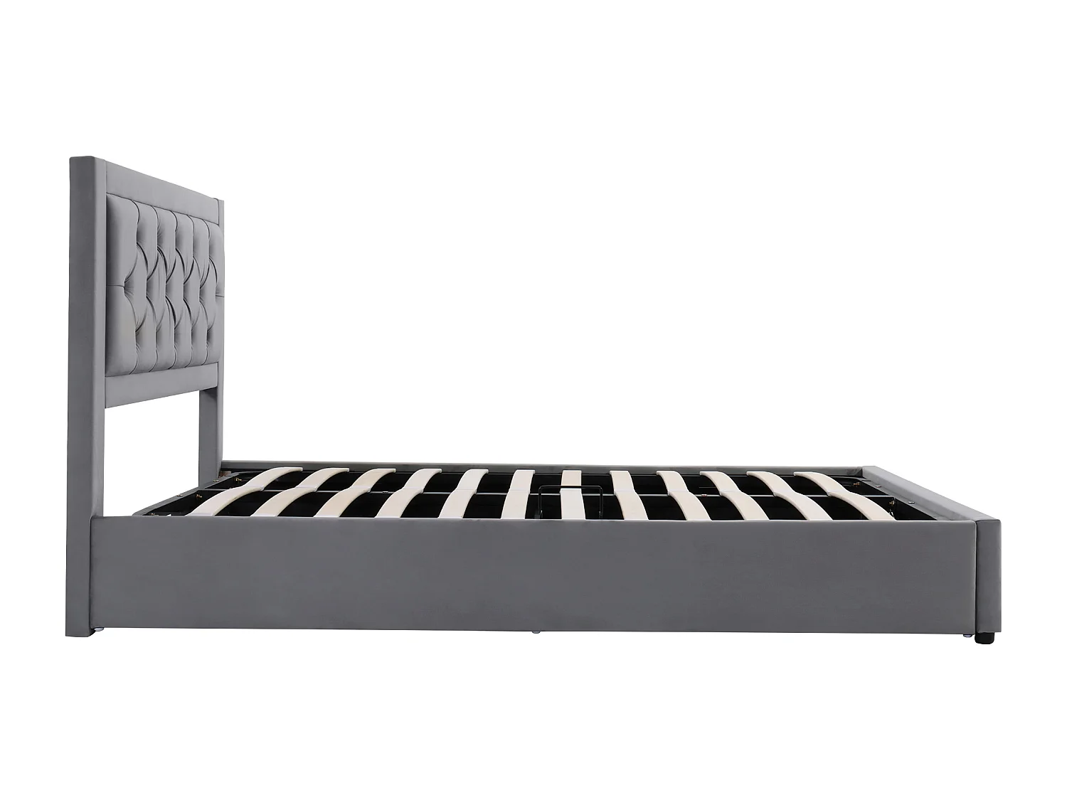 Lit rembourré 140×200 cm en velours gris avec rangement, tête de lit en mousse, design Chesterfield