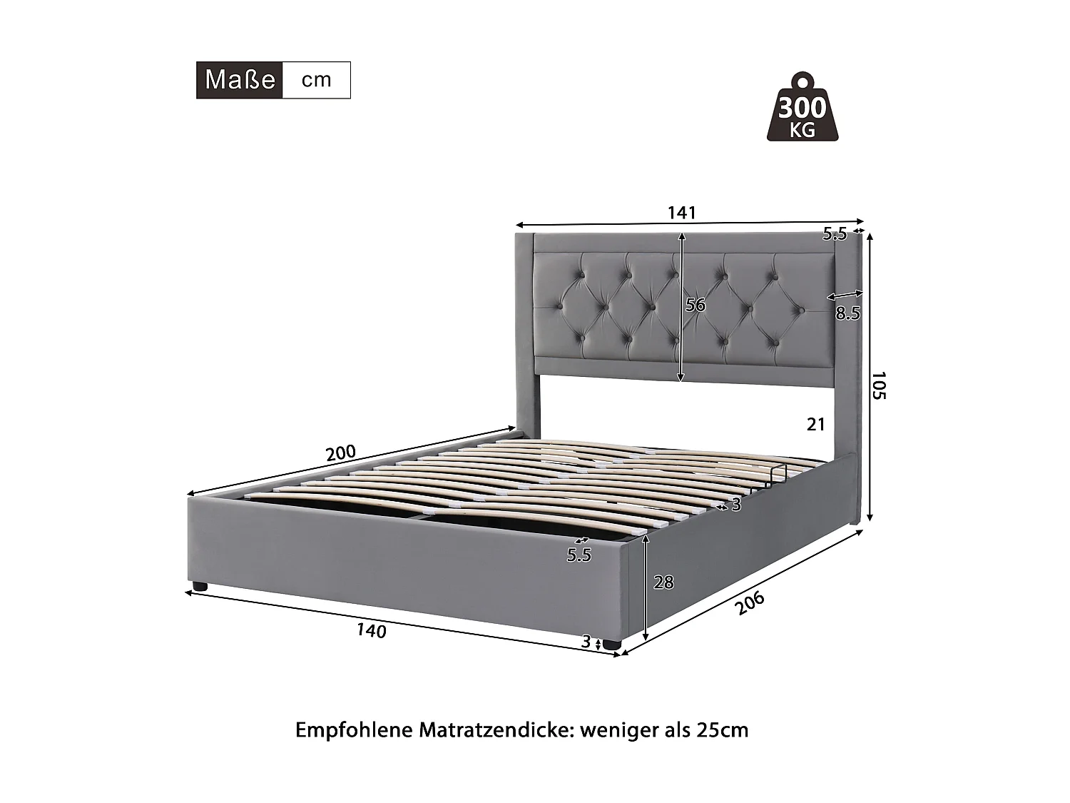 Lit rembourré 140×200 cm en velours gris avec rangement, tête de lit en mousse, design Chesterfield