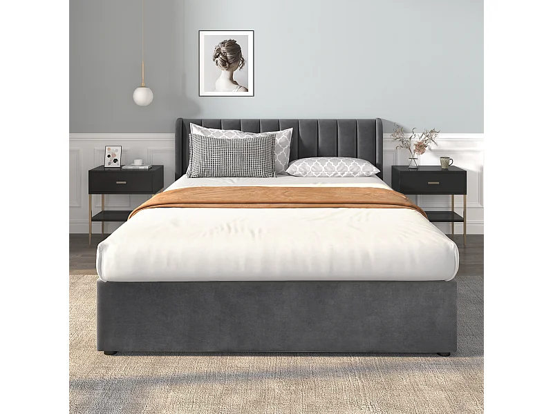Lit en velours 160 x 200 cm avec tête de lit et 2 tiroirs, gris