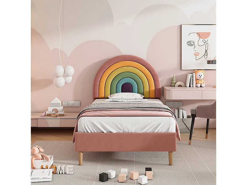 Lit rembourré 90×200 cm, avec sommier à lattes et tête de lit, design moderne en velours rose