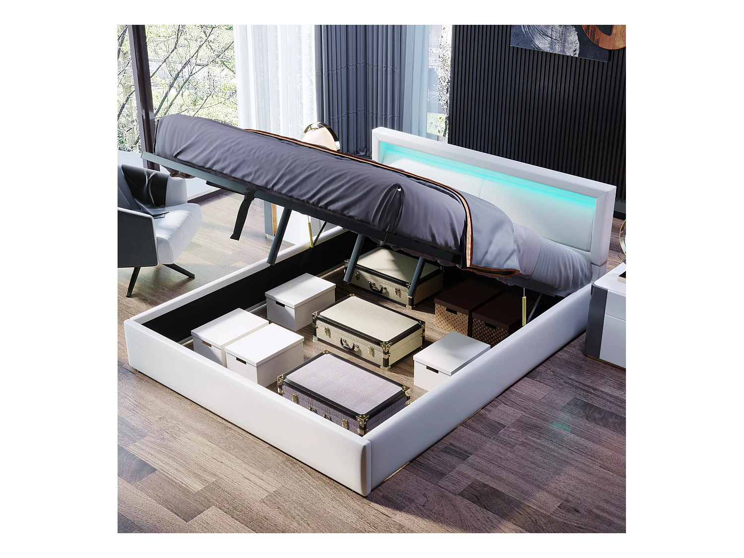 Lit rembourré LED, 140×200 cm, blanc, avec échelle et barrières de sécurité, rangement intégré