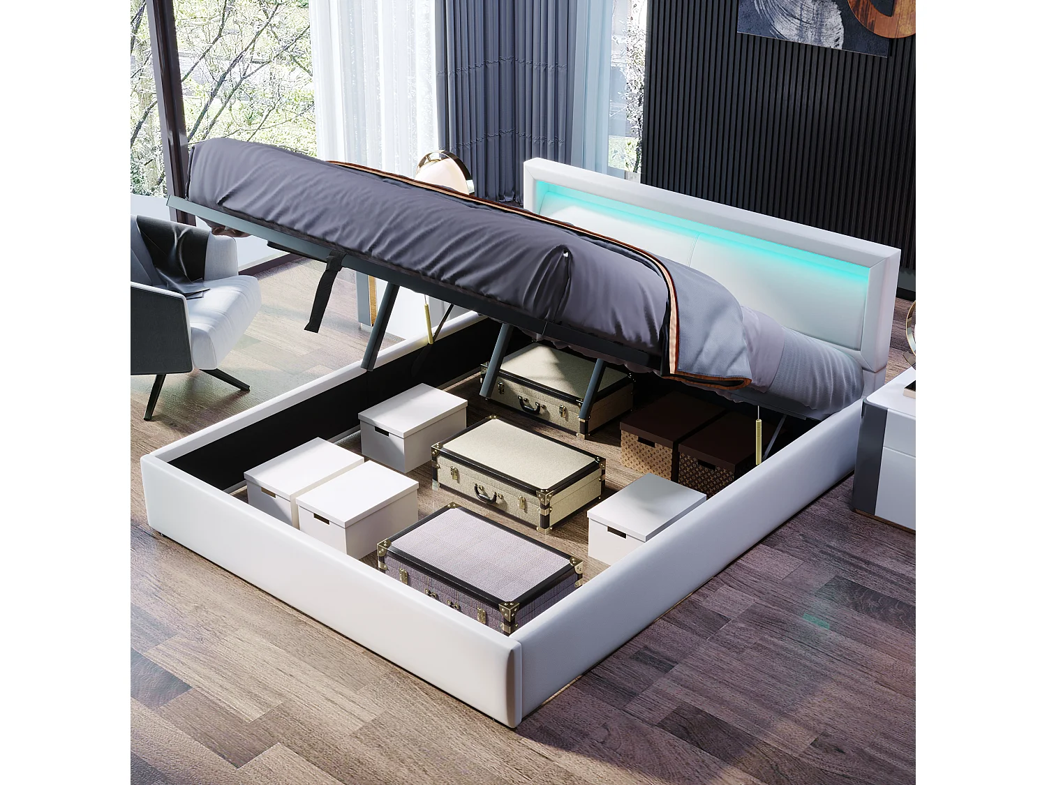 Lit rembourré LED, 140×200 cm, blanc, avec échelle et barrières de sécurité, rangement intégré