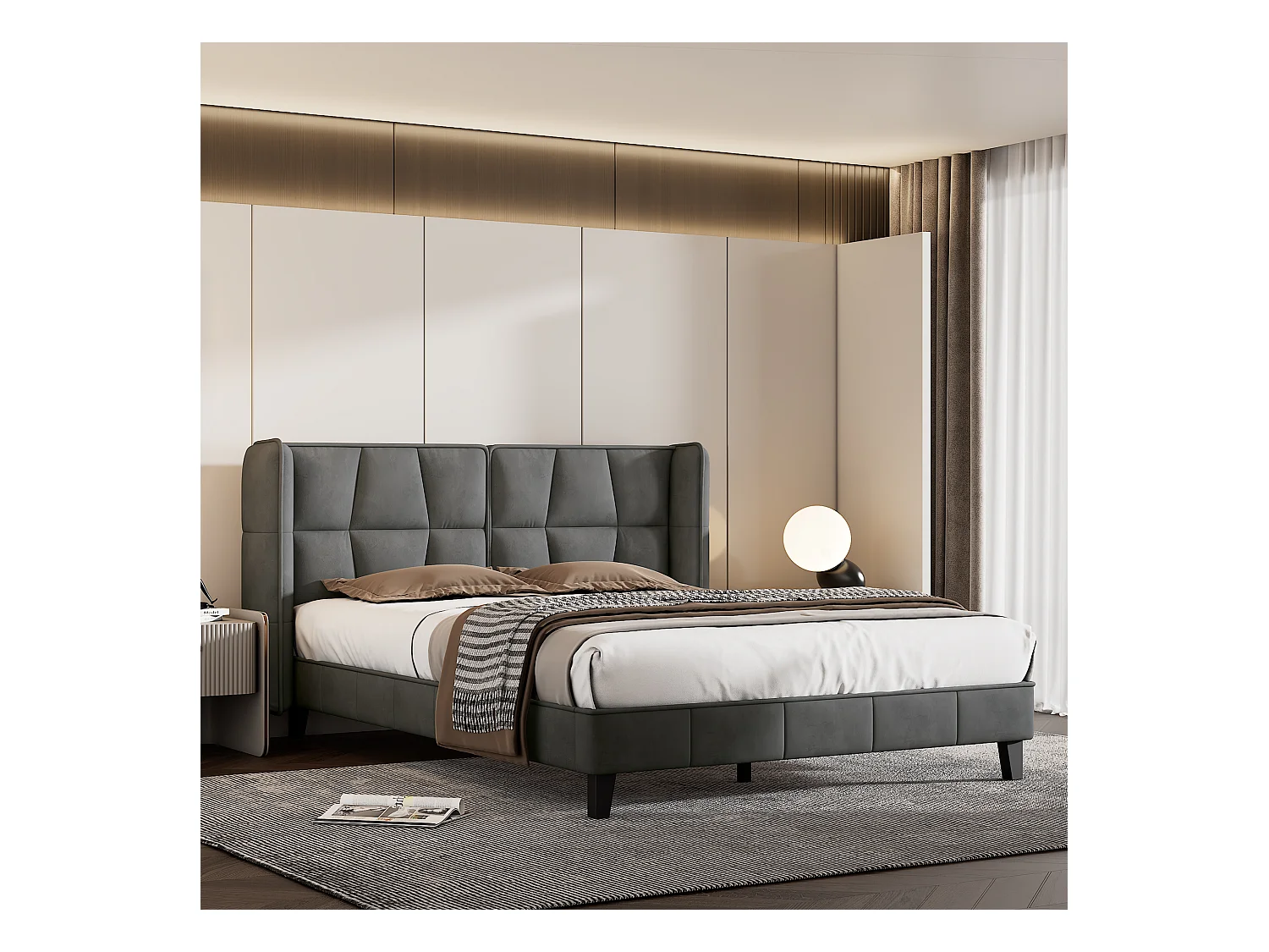 Lit rembourré 140×200 cm avec sommier à lattes et tête de lit, design moderne en velours gris