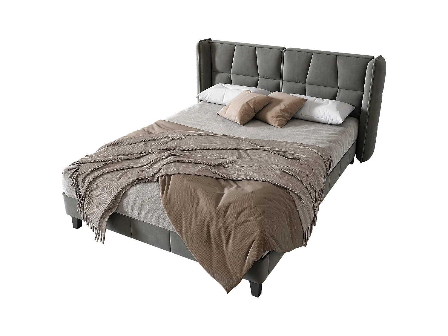 Lit rembourré 140×200 cm avec sommier à lattes et tête de lit, design moderne en velours gris