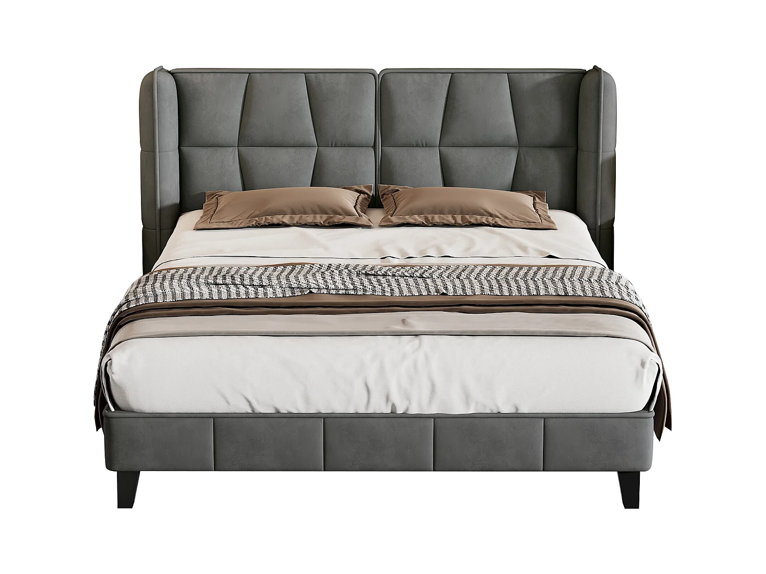 Lit rembourré 140×200 cm avec sommier à lattes et tête de lit, design moderne en velours gris