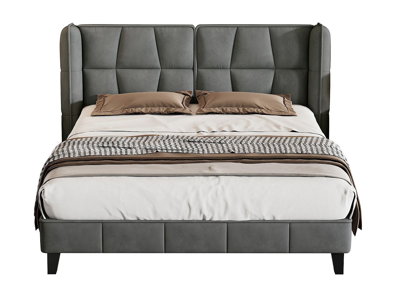 Lit rembourré 140×200 cm avec sommier à lattes et tête de lit, design moderne en velours gris