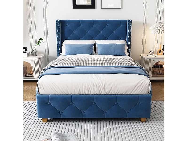 Lit rembourré 90×200 cm avec sommier à lattes et tête de lit, capitonnage, clous, pieds en bois, velours, bleu