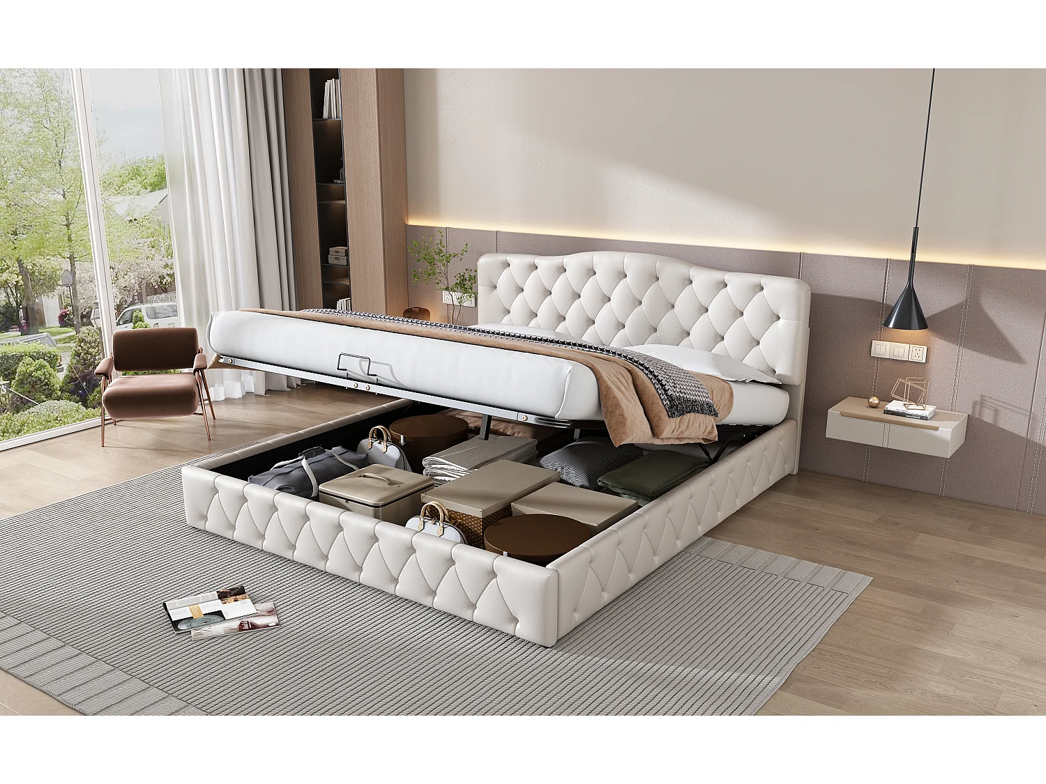 Lit rembourré 180×200 cm avec sommier à lattes et tête de lit réglable, design moderne et rangement