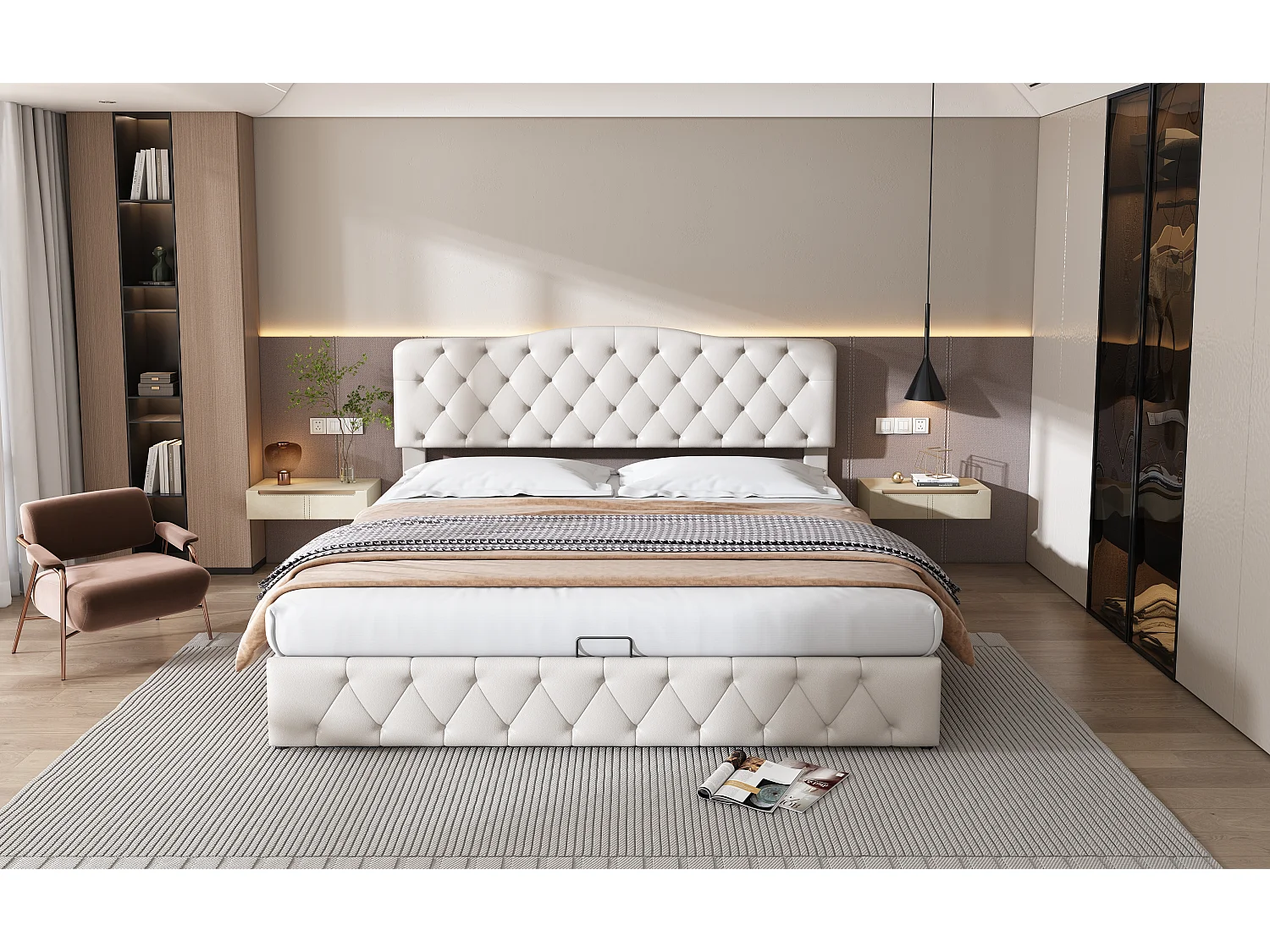 Lit rembourré 180×200 cm avec sommier à lattes et tête de lit réglable, design moderne et rangement