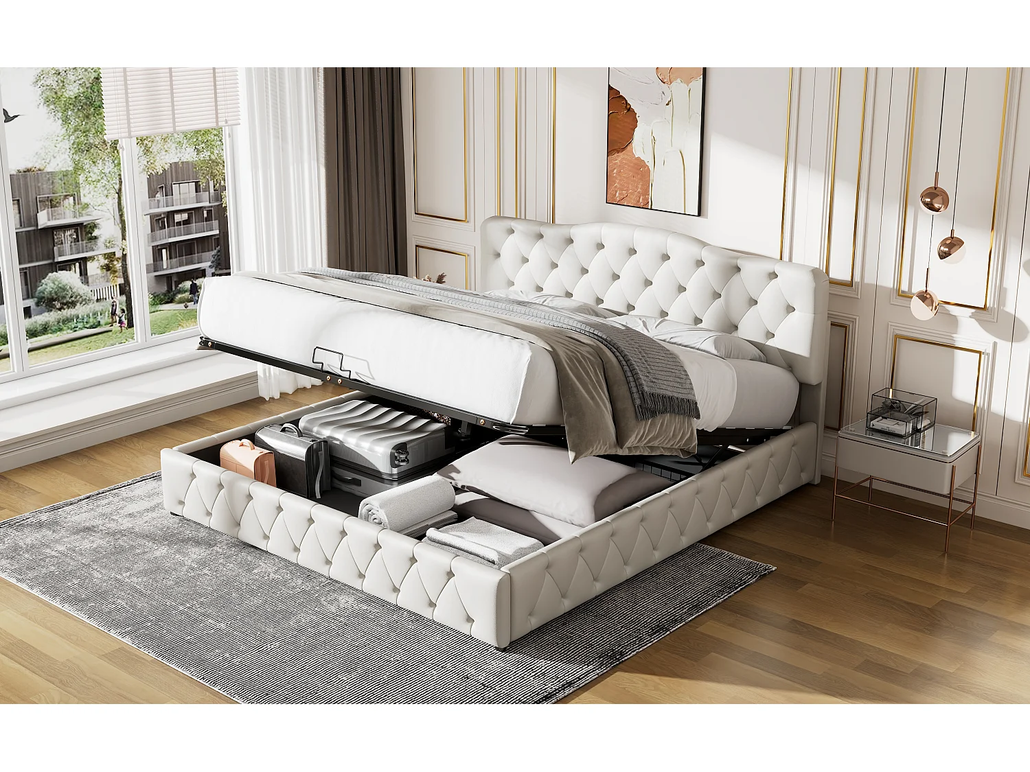 Lit rembourré 180×200 cm avec sommier à lattes et tête de lit réglable, design moderne et rangement