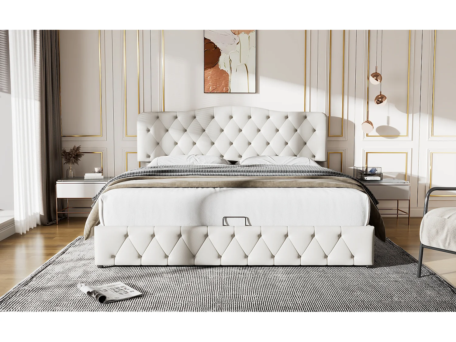 Lit rembourré 180×200 cm avec sommier à lattes et tête de lit réglable, design moderne et rangement