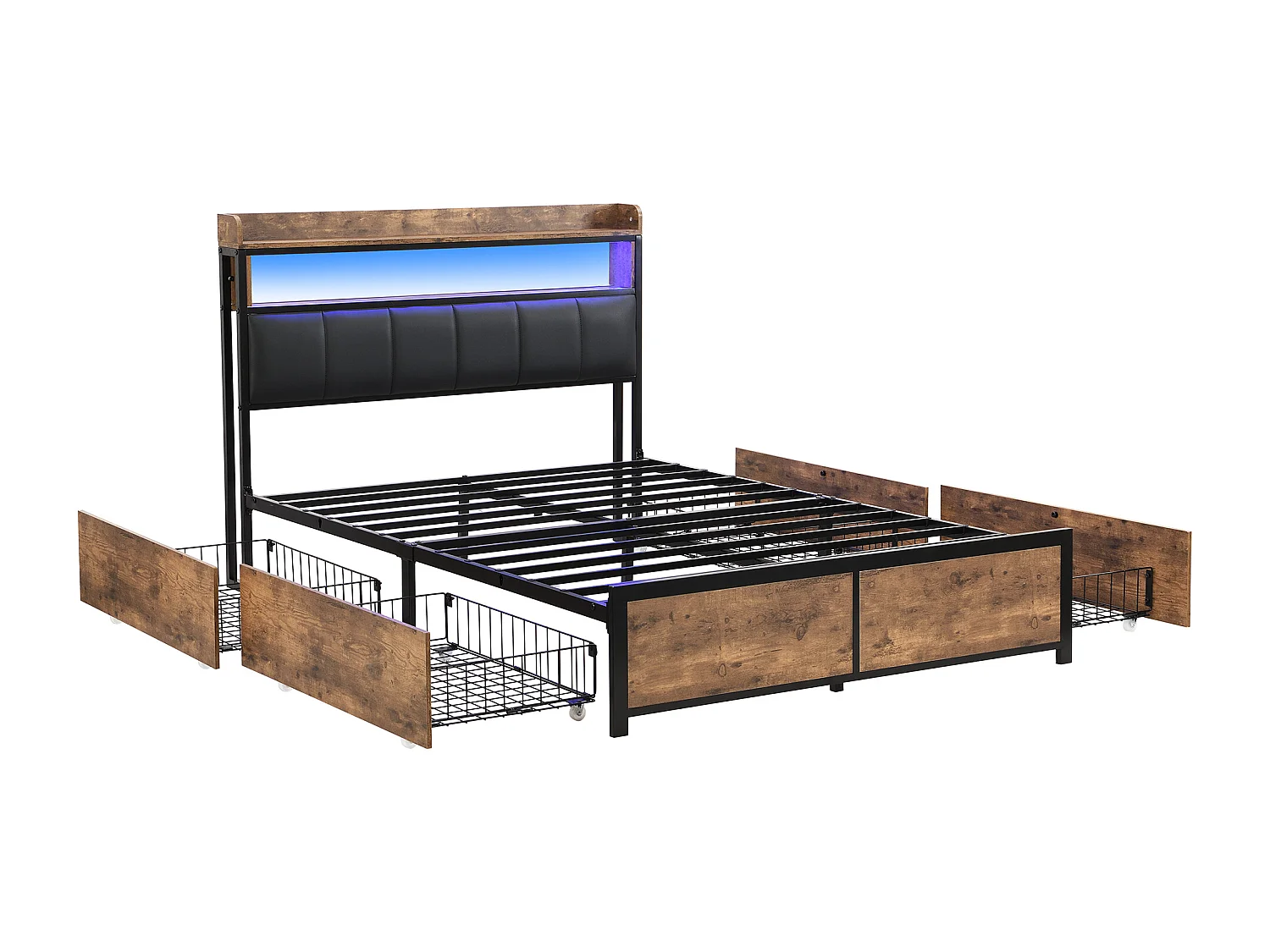 Lit rembourré 160×200 cm avec sommier à lattes et tête de lit, éclairage LED, 4 tiroirs, noir