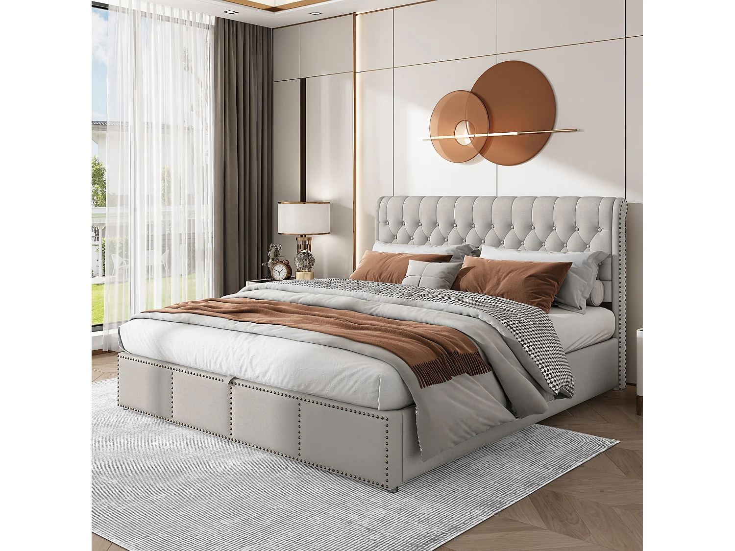 Lit en lin et coton, 180 x 200 cm, gris, avec rangement sous le lit et design élégant en clous