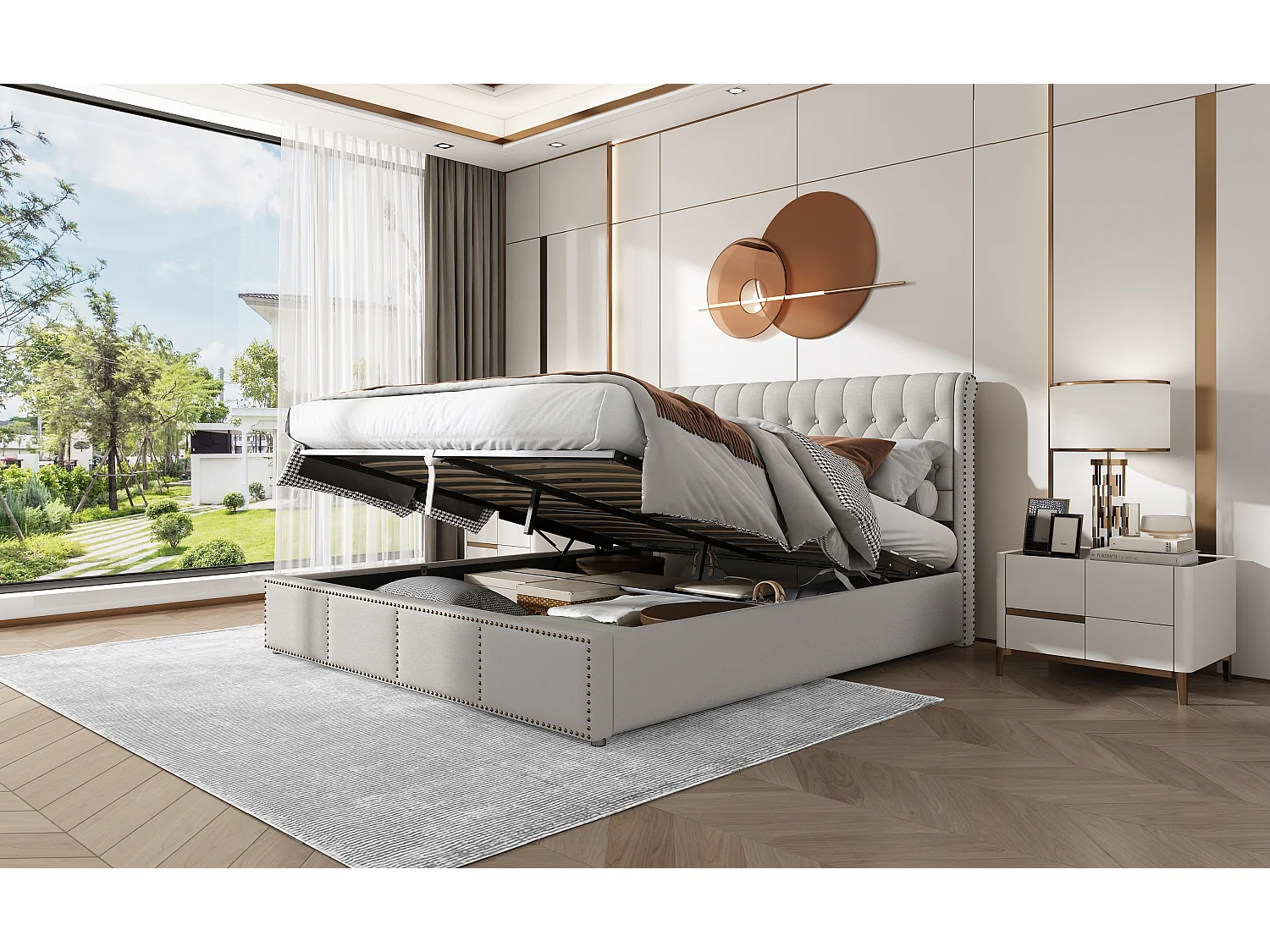 Lit en lin et coton, 180 x 200 cm, gris, avec rangement sous le lit et design élégant en clous