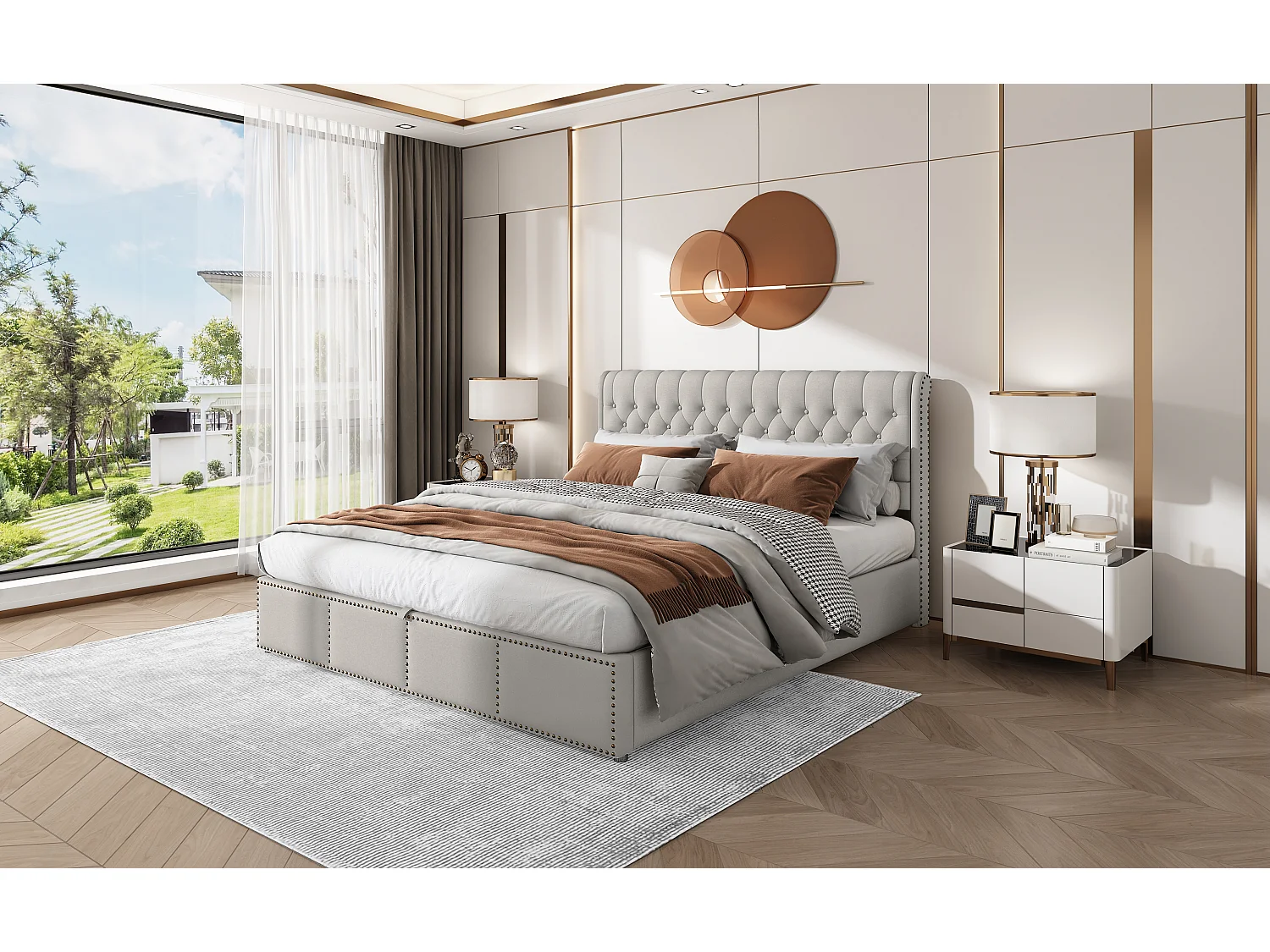 Lit en lin et coton, 180 x 200 cm, gris, avec rangement sous le lit et design élégant en clous