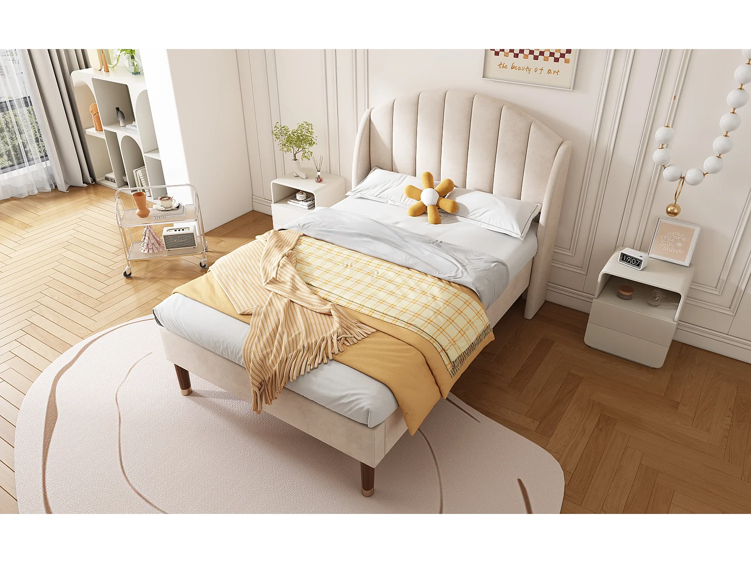 Lit rembourré 90×200 cm en velours beige avec sommier à lattes et tête de lit, design moderne et confortable