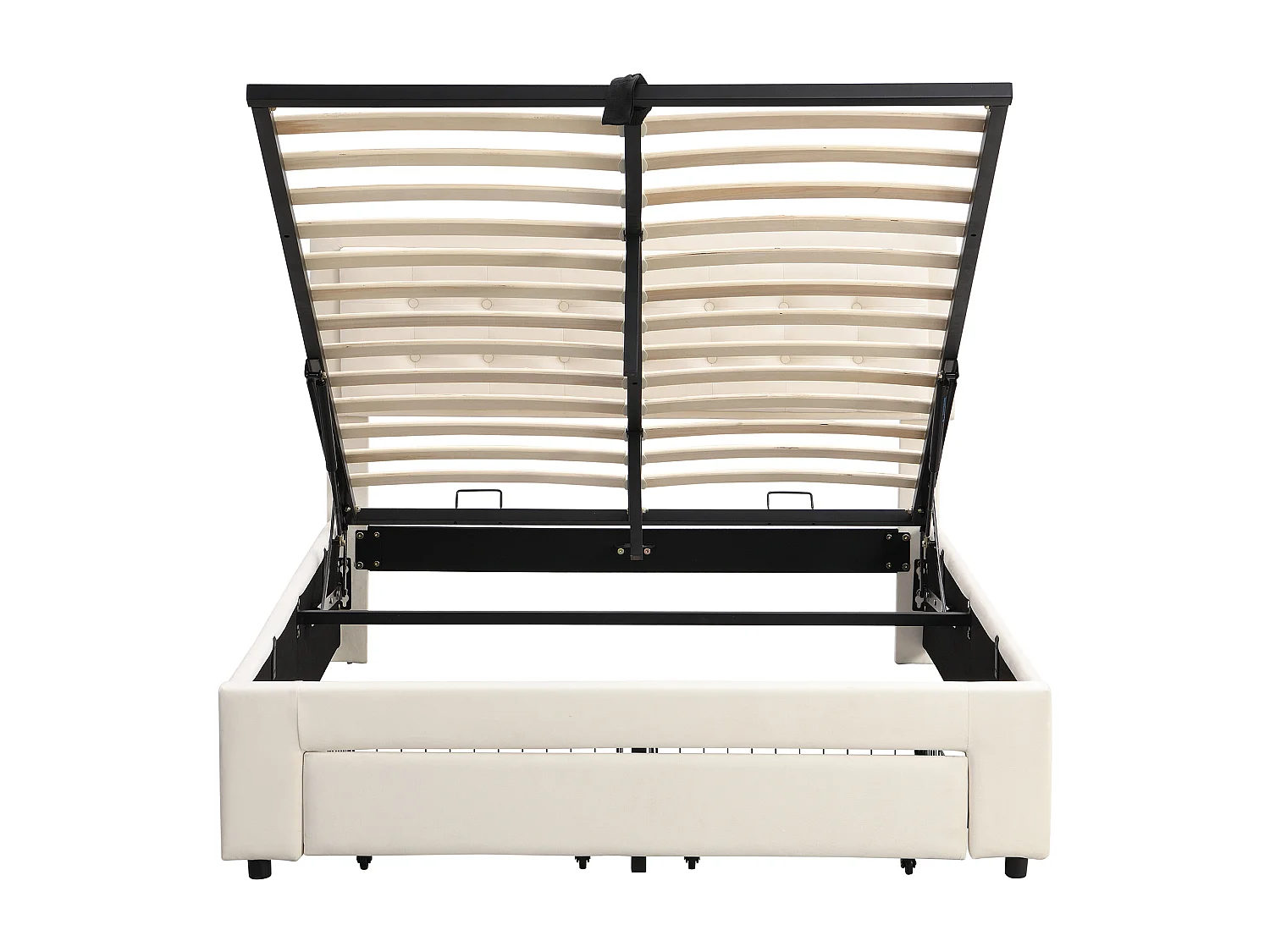 Lit rembourré 140×200 cm avec tête de lit réglable, rangement hydraulique et 2 tiroirs en velours beige