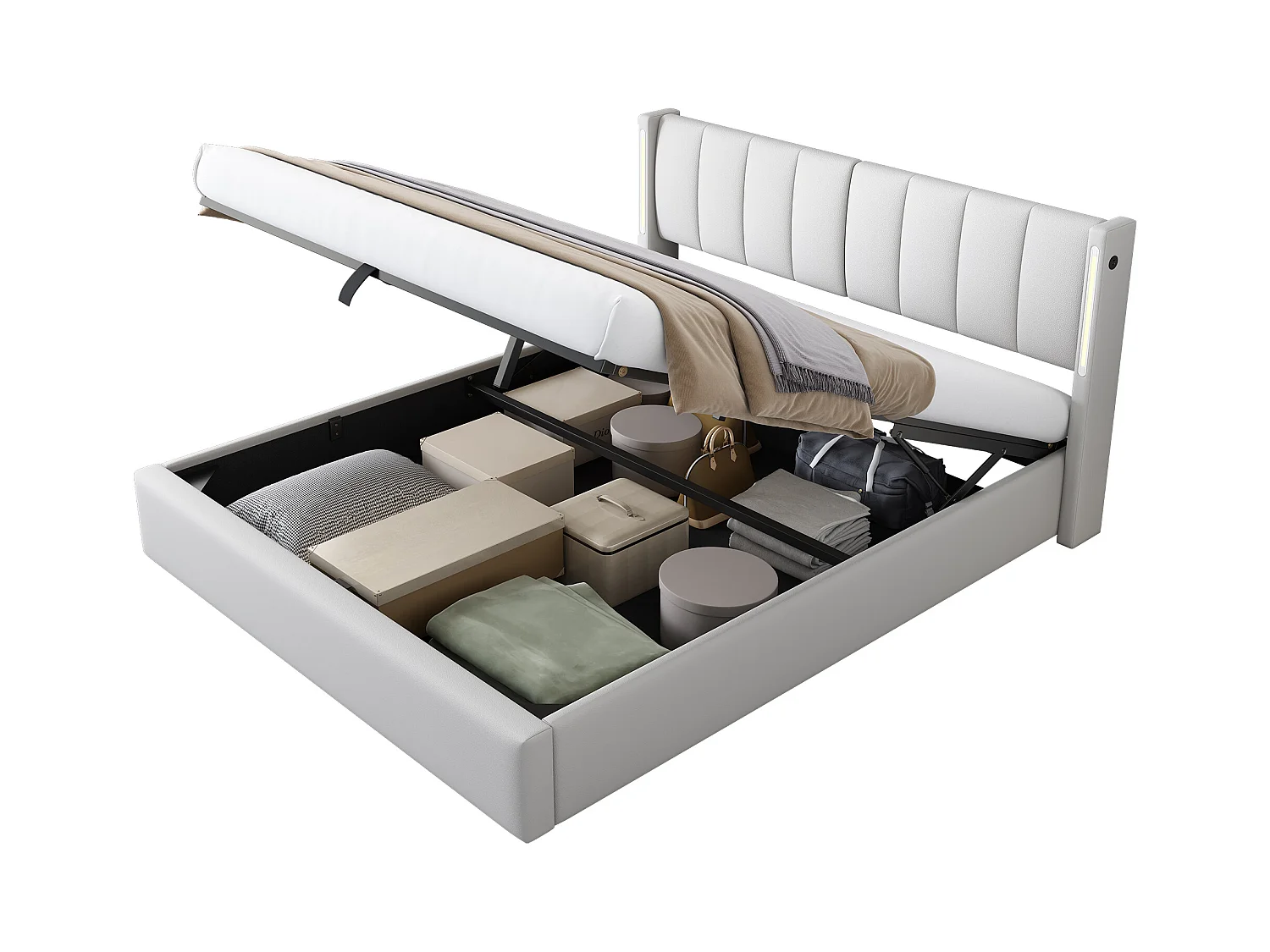 Lit rembourré LED 160 x 200 cm, avec USB rechargeable, éclairage LED et rangement, blanc