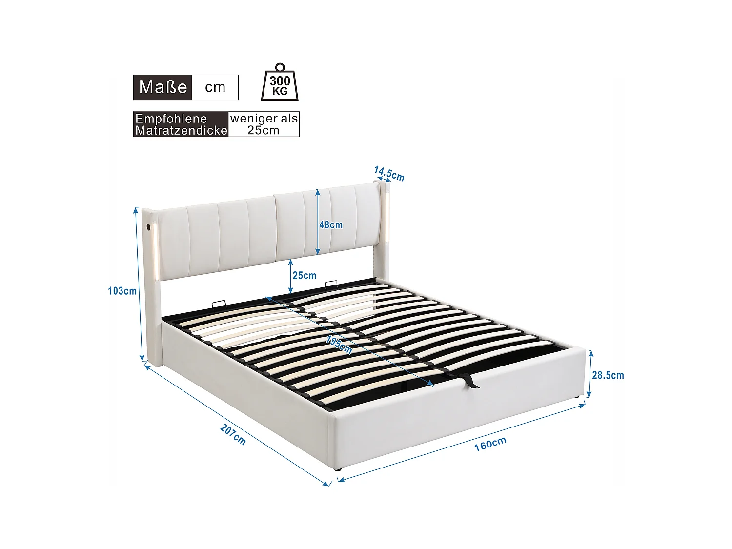 Lit rembourré LED 160 x 200 cm, avec USB rechargeable, éclairage LED et rangement, blanc