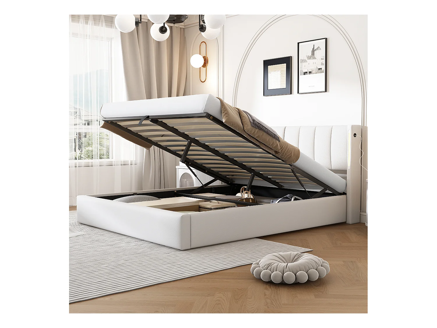Lit rembourré LED 160 x 200 cm, avec USB rechargeable, éclairage LED et rangement, blanc