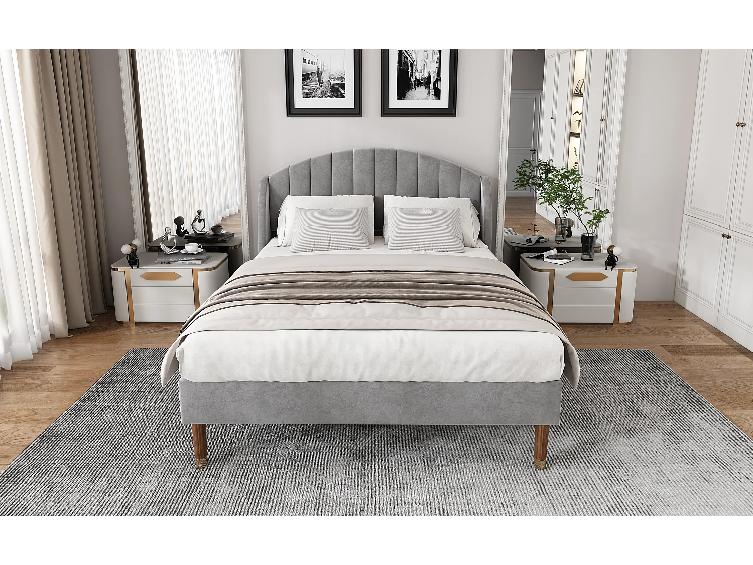 Lit rembourré 160×200 cm avec sommier à lattes et tête de lit, design moderne en velours gris