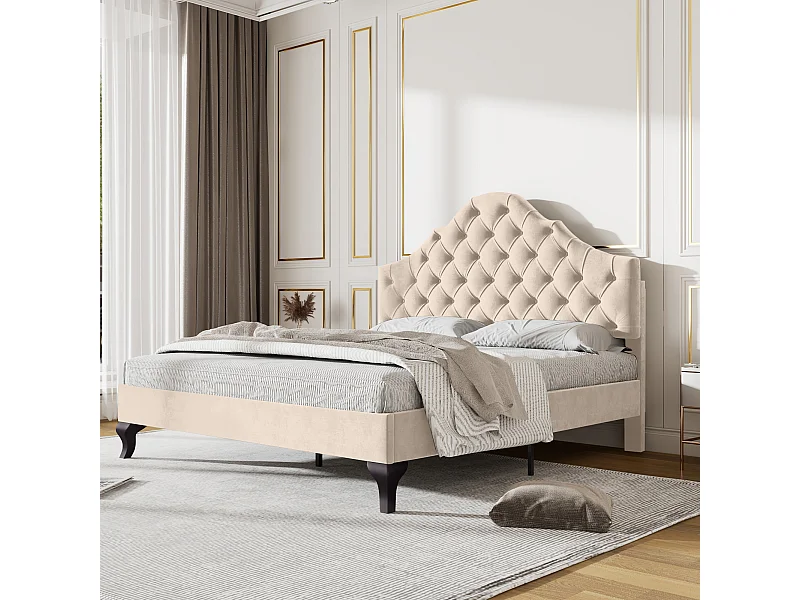Lit capitonné 140×190 cm en velours beige avec sommier à lattes et tête de lit réglable