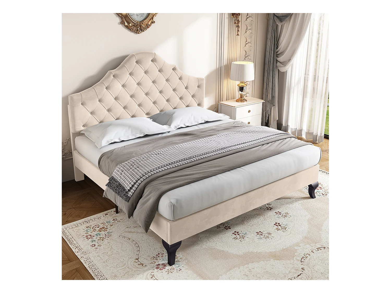 Lit capitonné 140×190 cm en velours beige avec sommier à lattes et tête de lit réglable