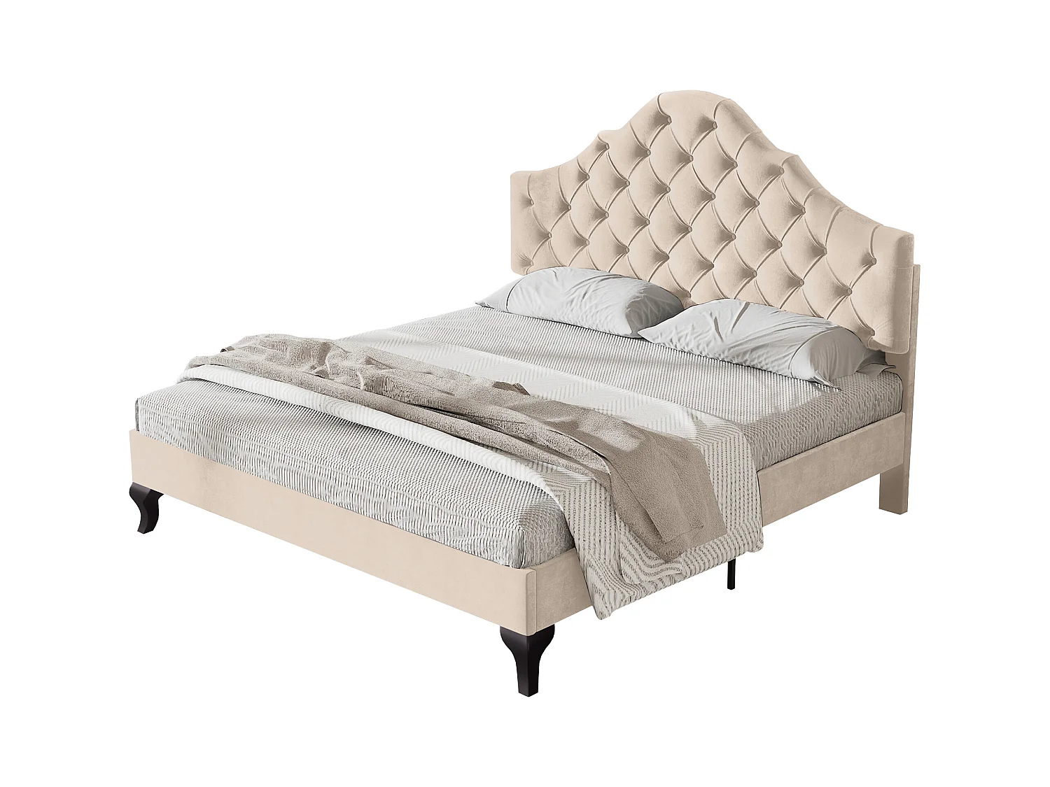 Lit capitonné 140×190 cm en velours beige avec sommier à lattes et tête de lit réglable