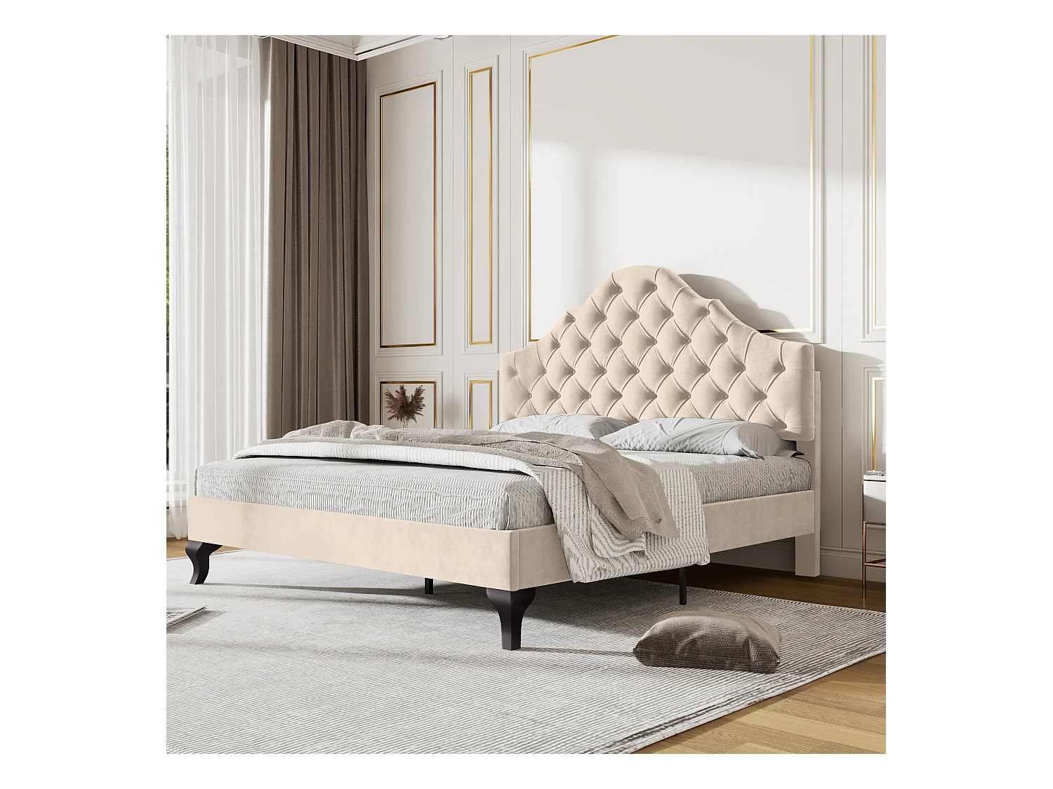 Lit capitonné 140×190 cm en velours beige avec sommier à lattes et tête de lit réglable