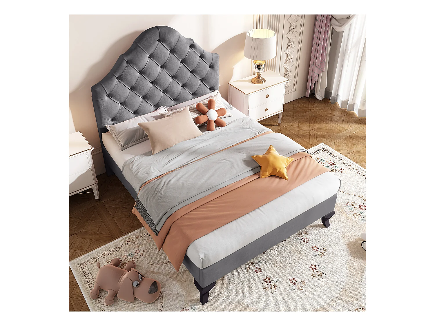 Lit rembourré 90×200 cm en velours gris avec tête de lit réglable et lattes en bois