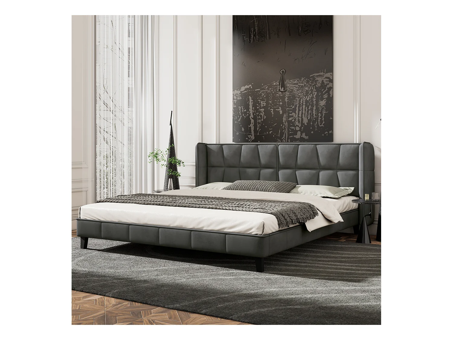 Lit rembourré 180×200 cm en velours gris avec sommier à lattes et tête de lit, design moderne et classique