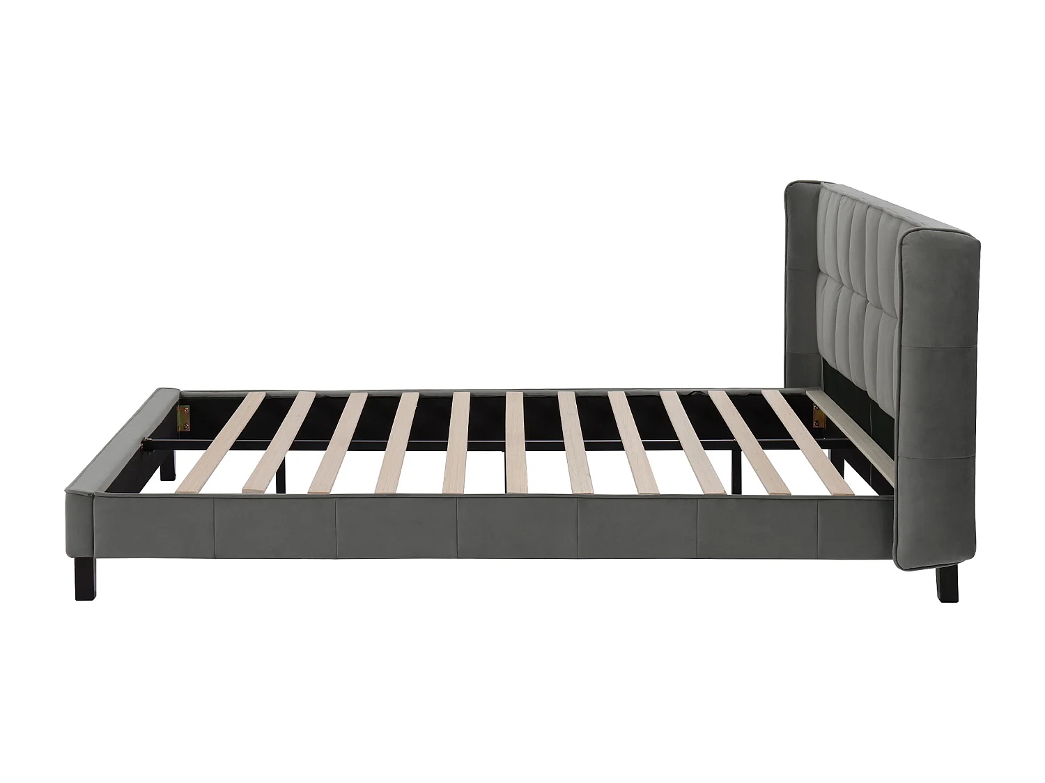 Lit rembourré 180×200 cm en velours gris avec sommier à lattes et tête de lit, design moderne et classique