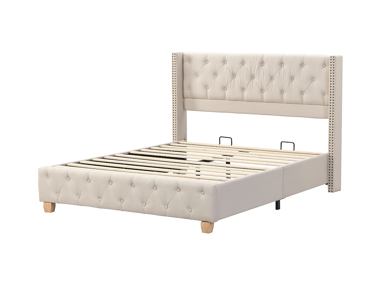 Lit capitonné 140×190 cm en lin beige avec sommier à lattes, tête de lit élégante et rivets décoratifs