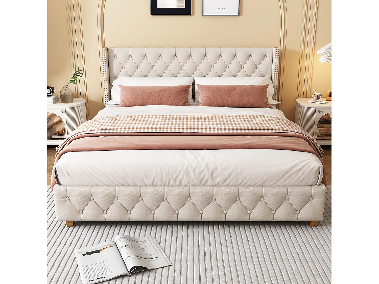 Lit capitonné 140×190 cm en lin beige avec sommier à lattes, tête de lit élégante et rivets décoratifs