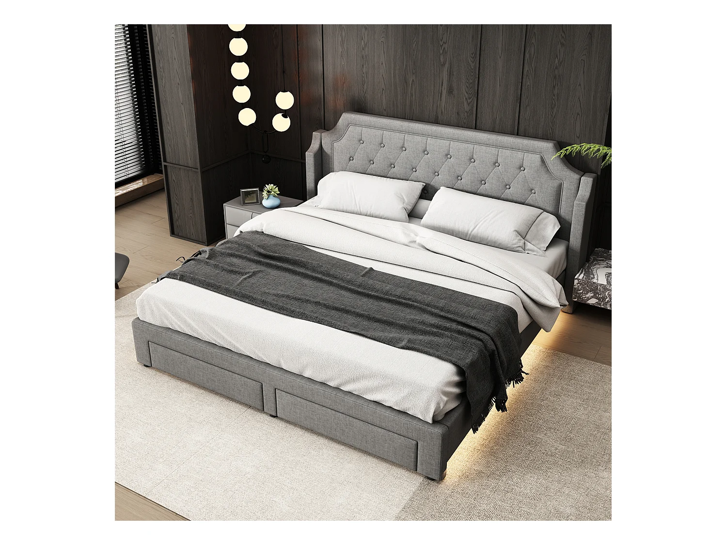 Lit rembourré 180×200 cm avec sommier à lattes et tête de lit, 2 tiroirs, éclairage LED, gris