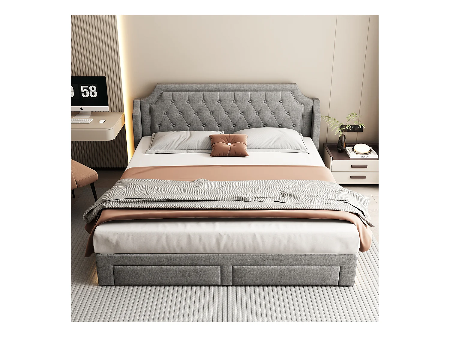 Lit rembourré 180×200 cm avec sommier à lattes et tête de lit, 2 tiroirs, éclairage LED, gris