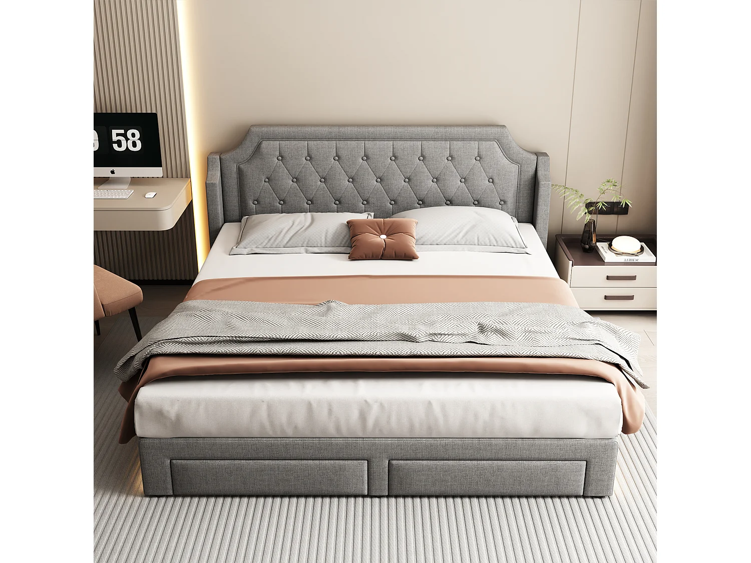 Lit rembourré 180×200 cm avec sommier à lattes et tête de lit, 2 tiroirs, éclairage LED, gris